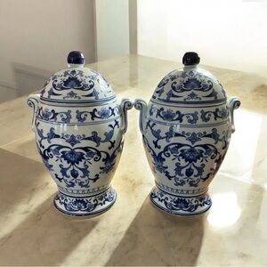 Pair of 12” Blue & White Chinoiserie Urn Lidded Ginger Jars
